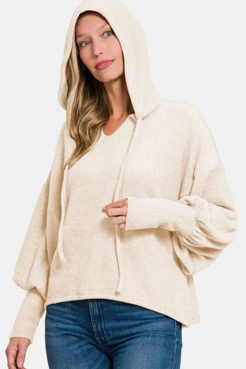 Zenana Brushed Hacci Drop Shoulder Cropped Hoodie - Love Salve